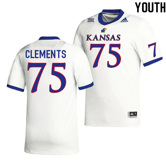 Youth #75 Calvin Clements Kansas Jayhawks College Football Jerseys Stitched Sale-White - Click Image to Close